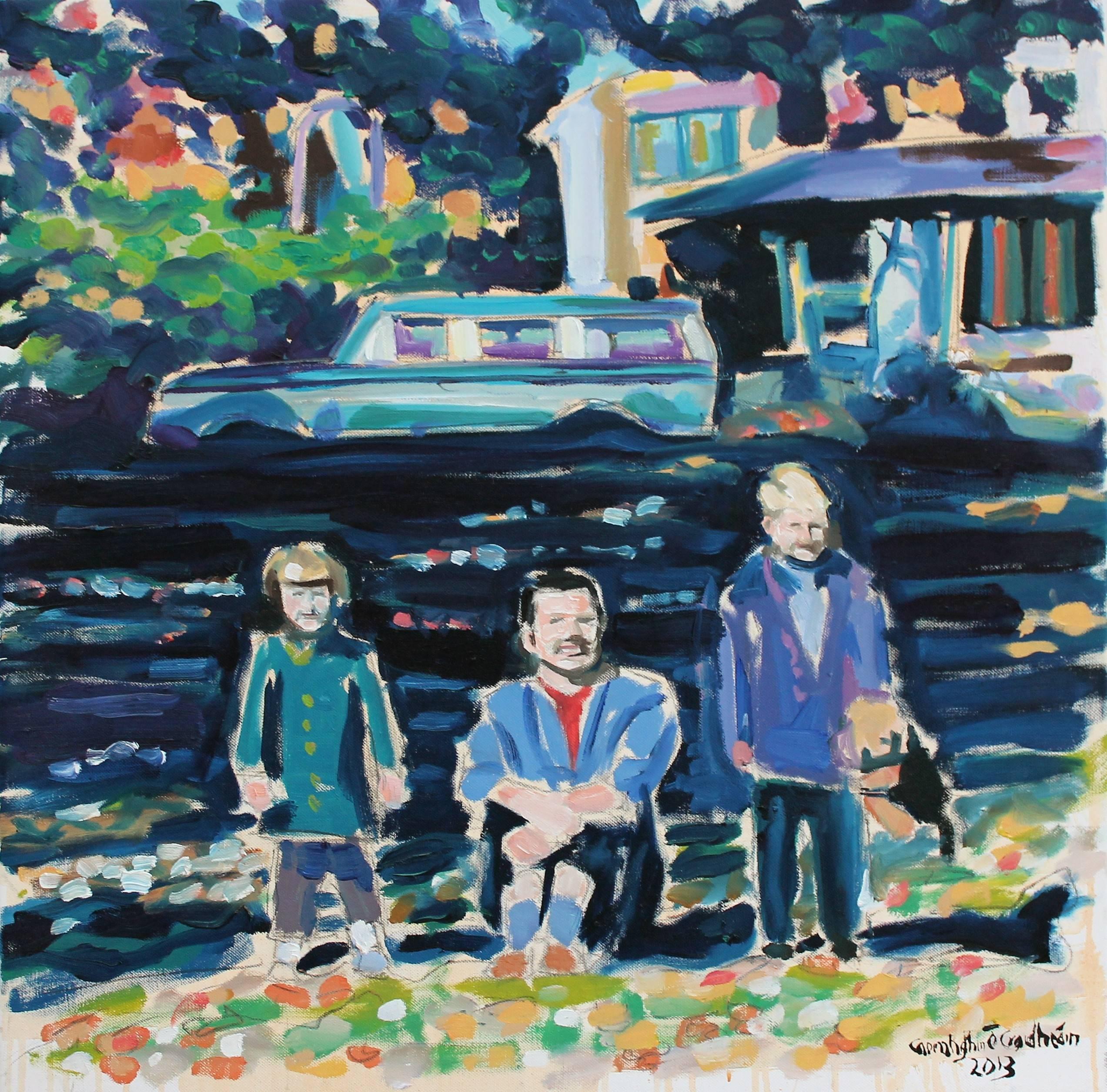 Portrait Painting Caoimhghin Ó Croidheáin - Peinture à l'huile sur toile dans un parc de Boston avec mon père et ma sœur, années 1960