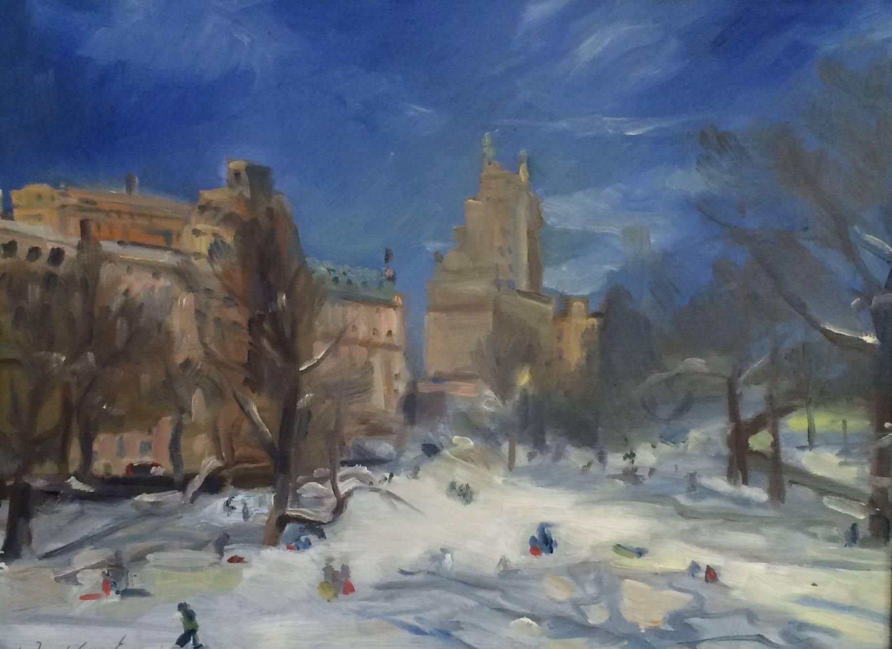 Howard Danelowitz Landscape Painting - Sledding in Central Park, Oil Painting on MDF Panel