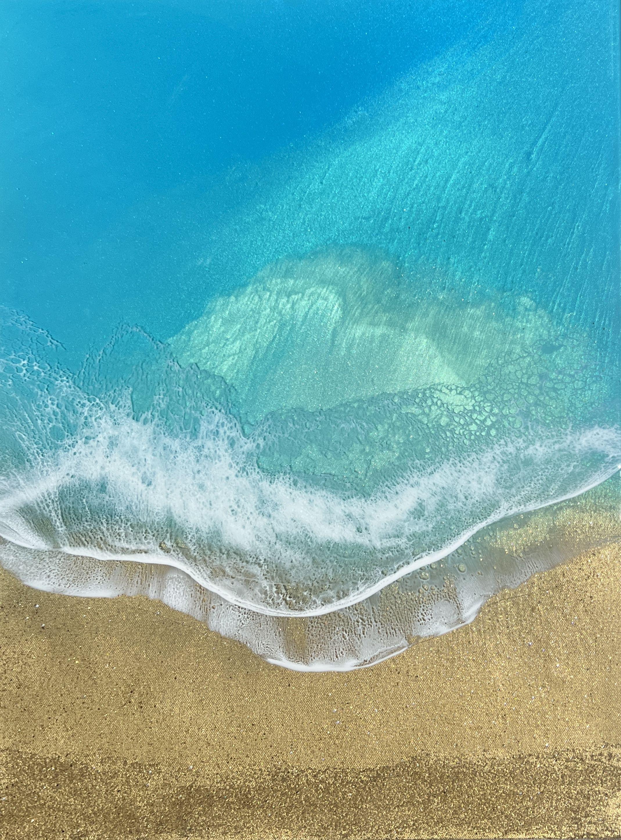 Unique ocean and beach paintings with gold sand and frothy splashing waves, inspired by the Turks And Caicos Islands  Ocean Seascape Painting with gold sand beach and frothy white splashing waves  Different shades of blue, turquoise, teal, aqua,