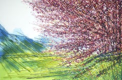 Albero in fiore in primavera su un pendio, dipinto, acrilico su tela