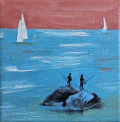 Pêche sur les rochers, Peinture, Huile sur toile