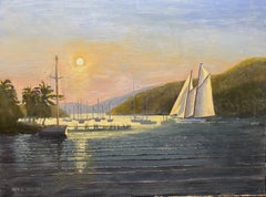 Schooner Departing Falmouth Harbour Antiqua, Painting, Oil on Wood Panel