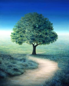 Landschaft mit Baum und Weg, Morgendämmerung, Natur, Ruhe, Gemälde, Öl auf Leinwand