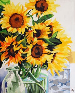 Sonnenblumen in Glas, Gemälde, Acryl auf Leinwand