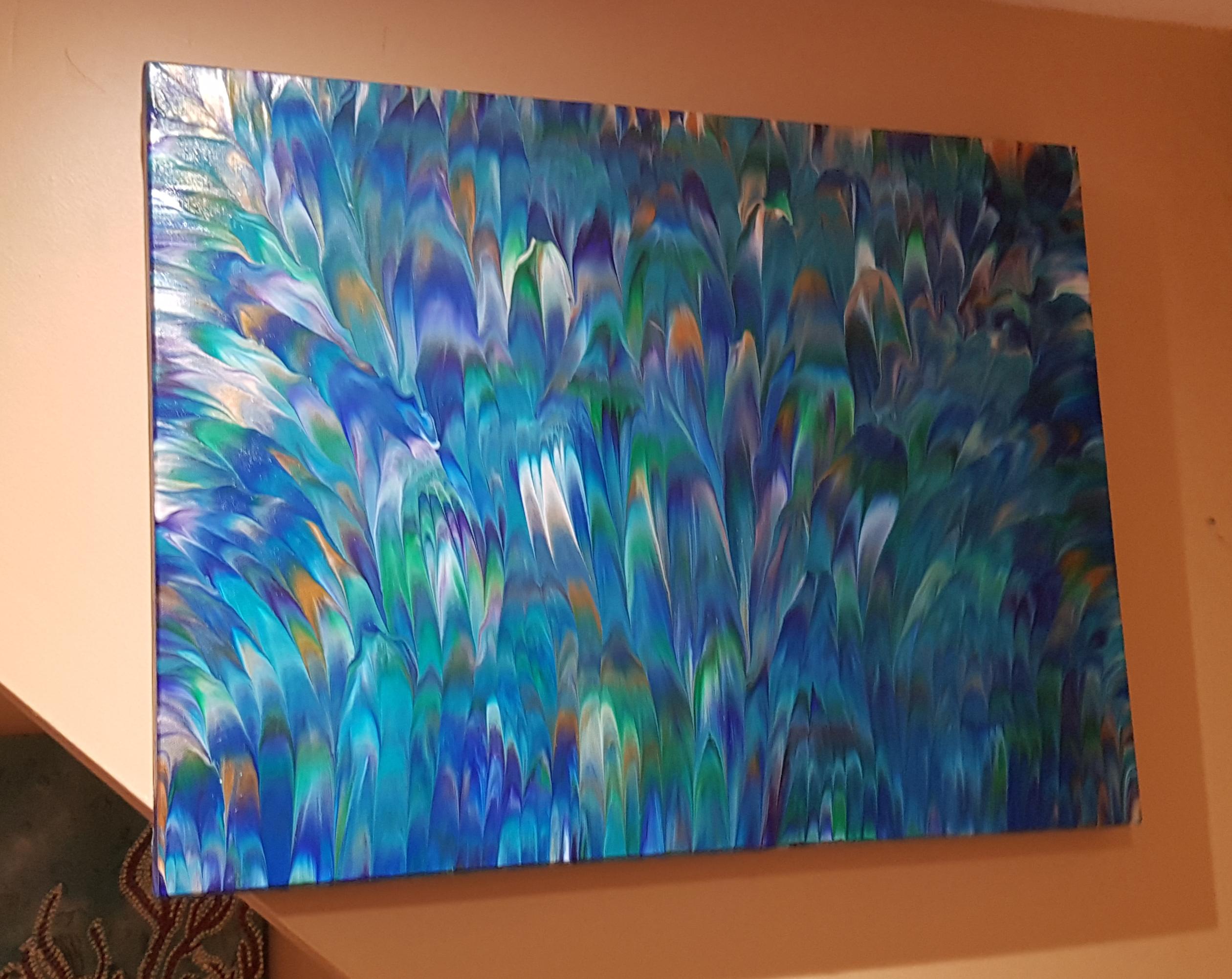 Peacock II, Original texturierte Federn, Gemälde, Acryl auf Leinwand 1