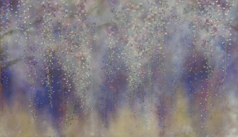 Glycine (Wisteria) is a painting by Paris-based Taiwanese artist CHEN Yiching. 
Mineral pigments on Japanese paper mounted on wood panel, 90 x 153 cm. 
As a specialist of Nihonga (traditional Japanese painting), the painter expresses all the poetry