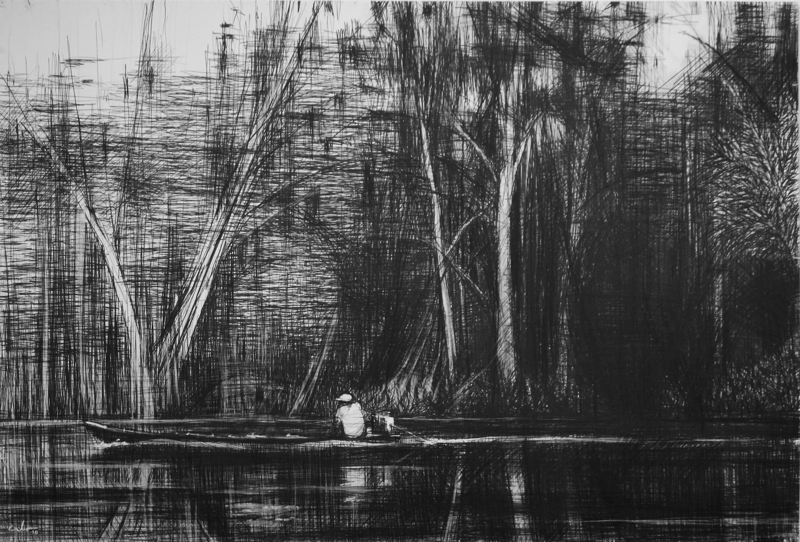 Calo Carratalá Landscape Art - Boat on the Marañón River, Jungle series - Contemporary Drawing, work on paper