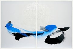 TN600-D by Hachiro Kanno - Calligraphy-based abstract painting, diptych, blue