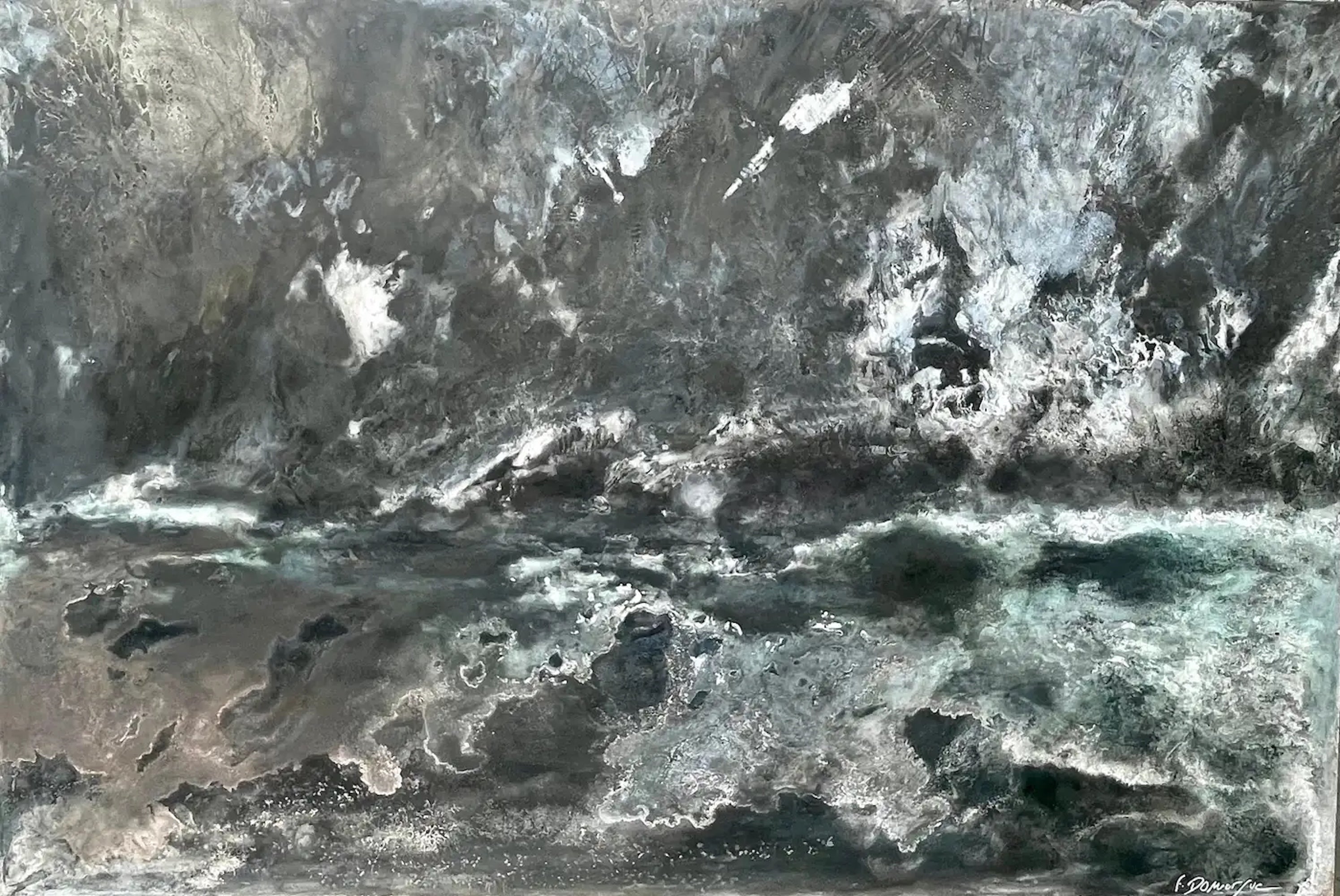 Dance of Shadows is a unique painting by French contemporary artist Frédérique Domergue. This painting is made with oxidized zinc and bronze leaves on honeycomb aluminum panel, patina fixed with beeswax, dimensions are 100 × 150 cm (39.4 × 59.1