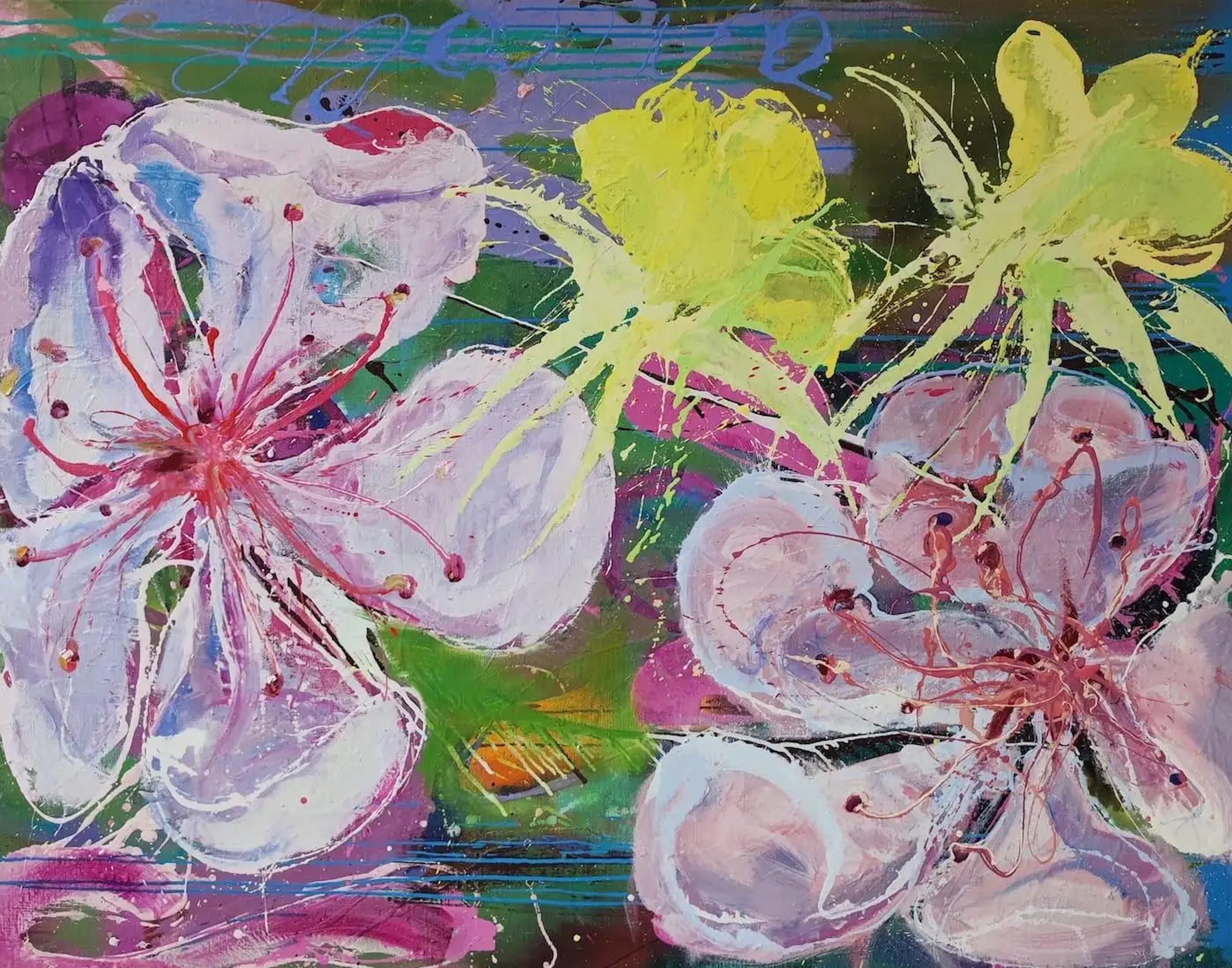 Zig et Puce by Christophe Dupety - Contemporary painting, pink flowers, vivid