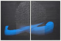 TN851-D by Hachiro Kanno - Calligraphy-based abstract painting, diptych, blue