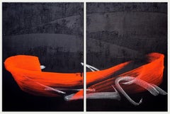 TN696-D by Hachiro Kanno - Calligraphy-based abstract diptych painting, red, ink
