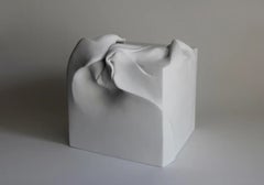 Cube 1 by Sharon Brill - Abstract clay sculpture, white, geometric, motion