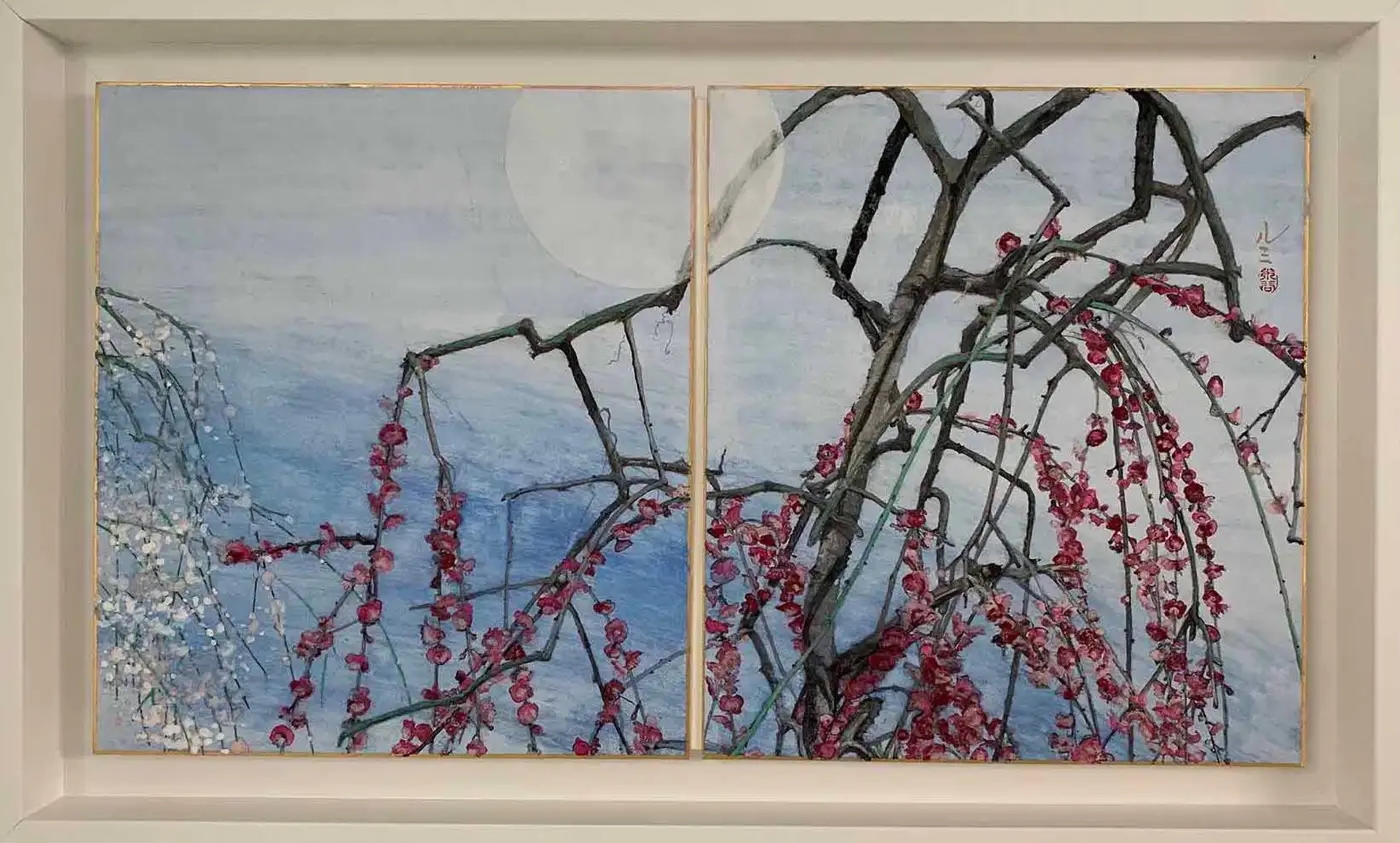 White Moon by Lumi Mizutani - Japanese painting, trees, nature, flowers