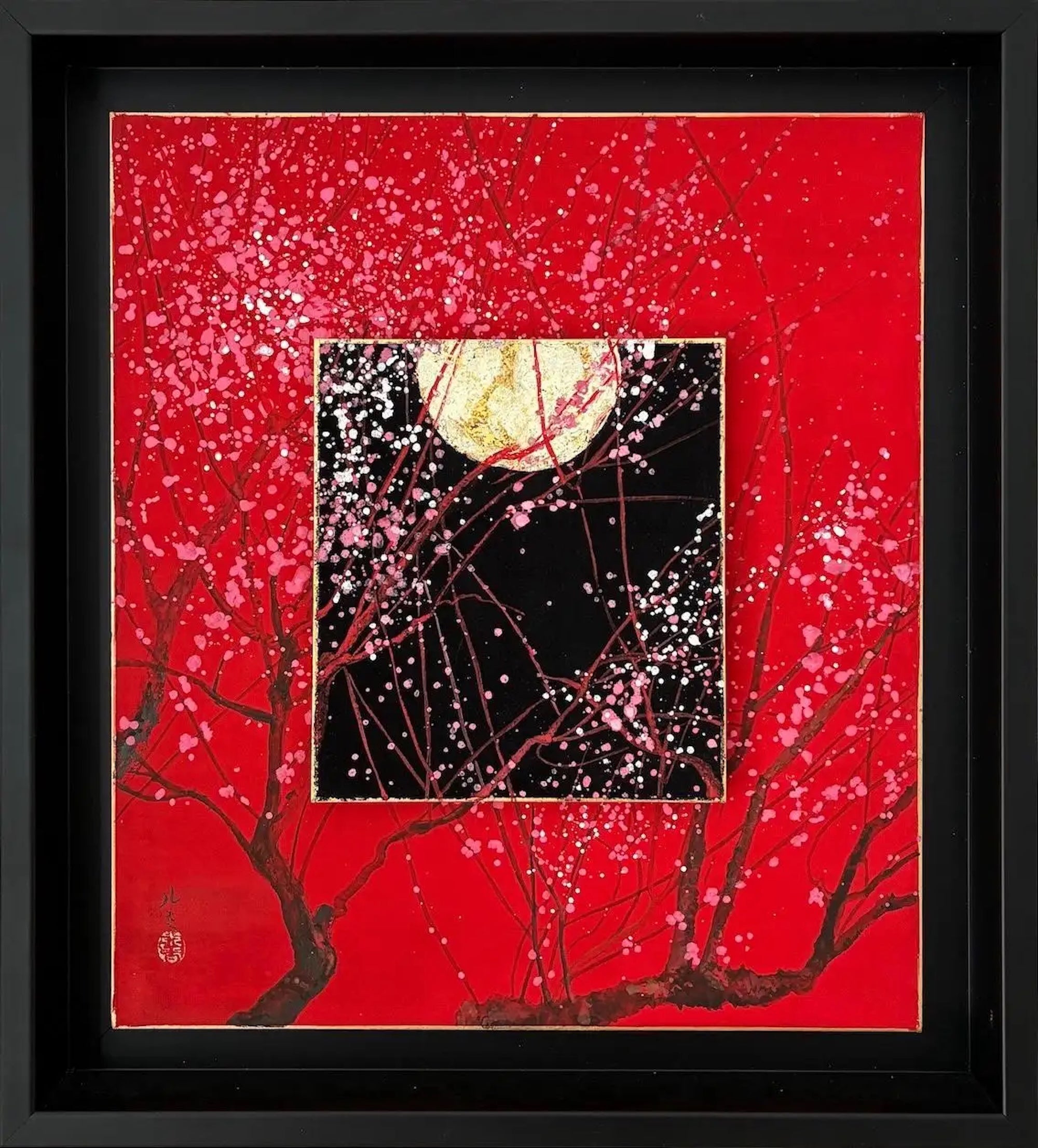 Day and Night II by Lumi Mizutani - Japanese style painting, red, Moon, flower