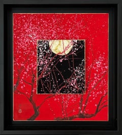 Day and Night II de Lumi Mizutani - peinture de style japonais, rouge, lune, fleur