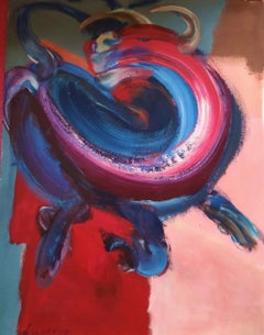 Bull XV by Christophe Dupety - Animal painting, abstract, red, vivid colours