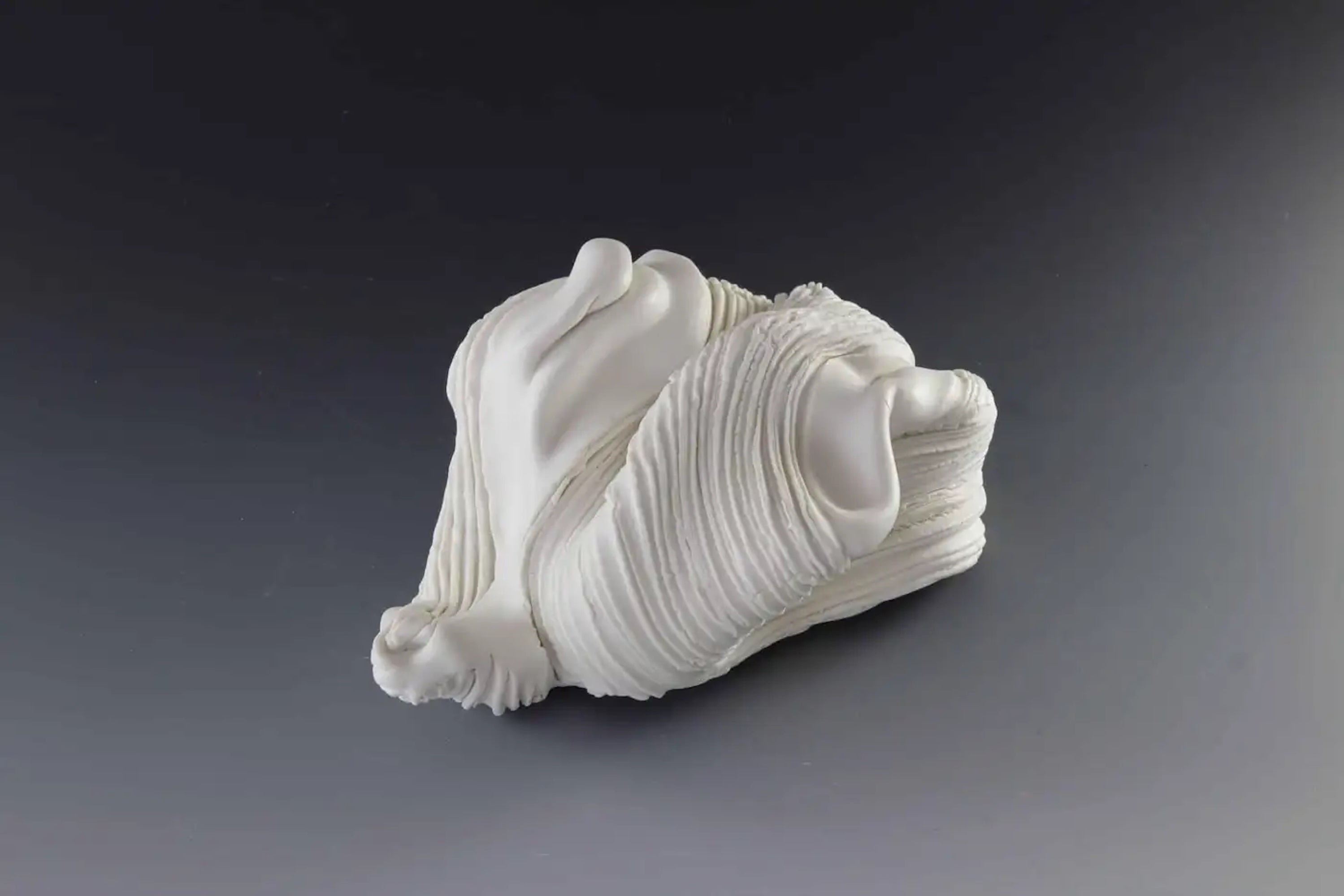 Peeled ist eine einzigartige Skulptur der zeitgenössischen Künstlerin Sharon Brill. Diese Skulptur ist aus radgedrehtem, geändertem und sandgestrahltem Porzellan gefertigt und wird mit einem Ständer aus bemaltem Ton verkauft. Die Abmessungen