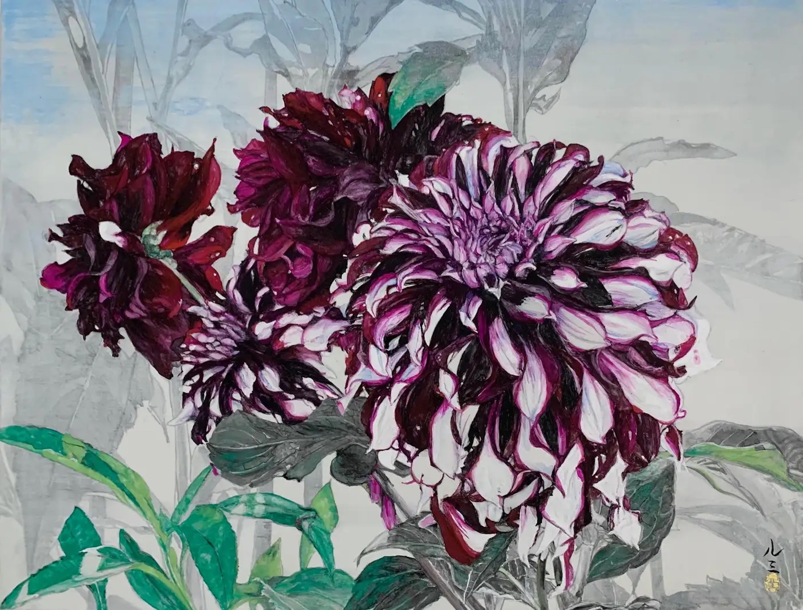 "Le dalie di Monet" di Lumi Mizutani, pittura in stile giapponese, fiori da giardino