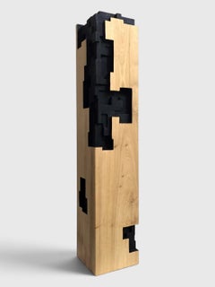 Construction V by Alban Lanore - Wood Sculpture, Hand Carved and Charred