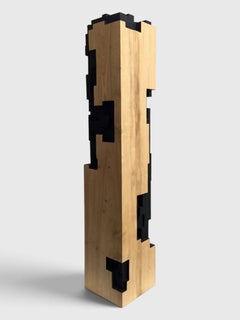 Construction V by Alban Lanore - Wood Sculpture, Hand Carved and Charred