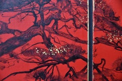«Pino inclinado», de L. Mizutani: pintura de estilo japonés, tríptico rojo, paisaje