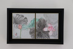 «Lotus», de L. Mizutani: pintura de estilo japonés, díptico enmarcado, flor