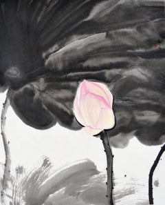 «Lotus», de L. Mizutani: pintura de estilo japonés, díptico enmarcado, flor