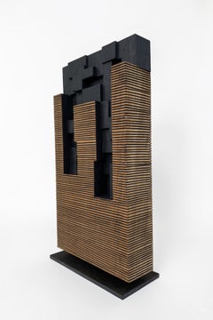 Small Stelae V by Alban Lanore - Wood Sculpture, Hand Carved and Charred