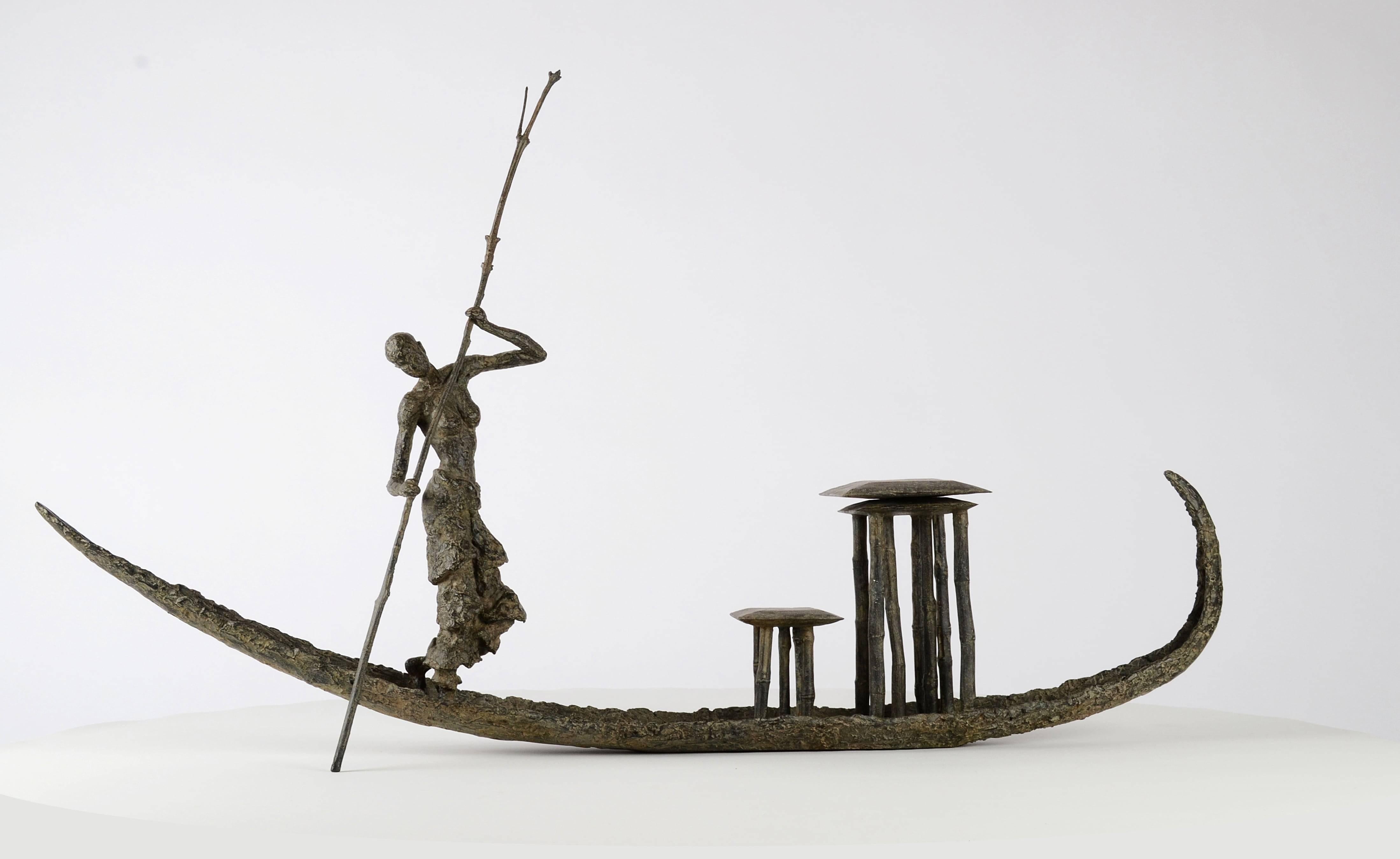 D'une Rive à l'Autre, Woman on a Dugout Canoe, Bronze Sculpture 1