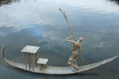 D'une Rive à l'Autre, Woman on a Dugout Canoe, Bronze Sculpture