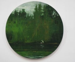 Fisher on the Marañón River, Jungle series (Tondo painting, landscape)