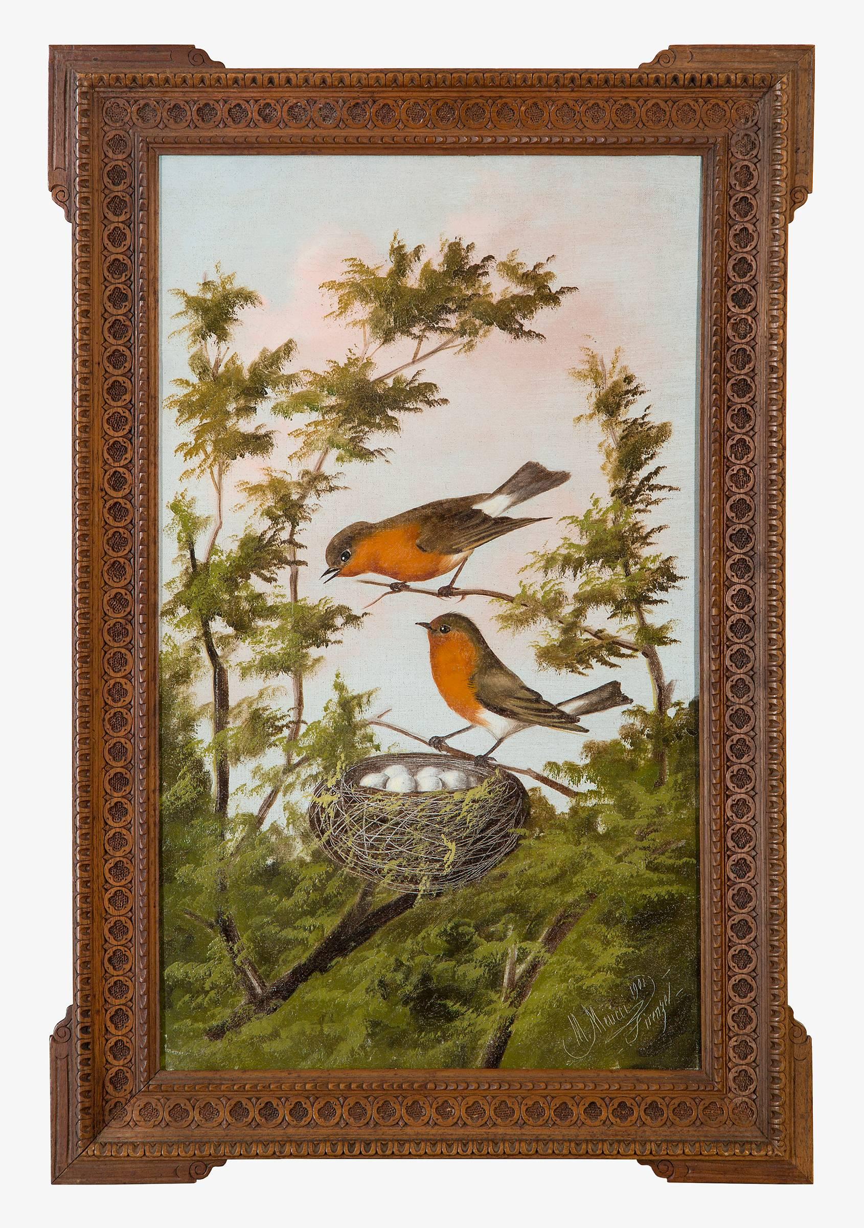 Goldfinch; Robins; und blaue Vögel – Painting von Michelangelo Meucci