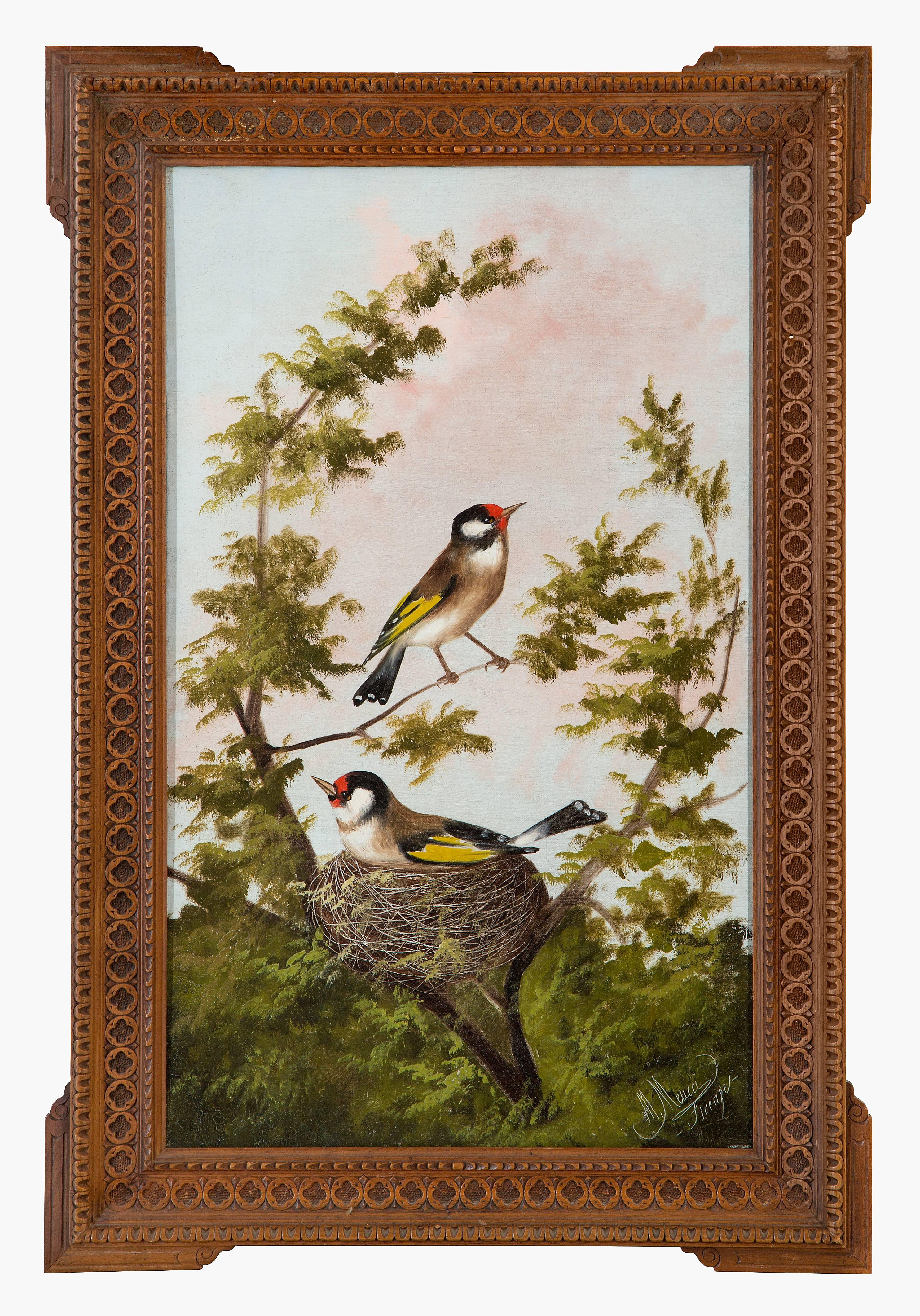 Michelangelo Meucci Animal Painting - Goldfinch; Robins; and Blue birds