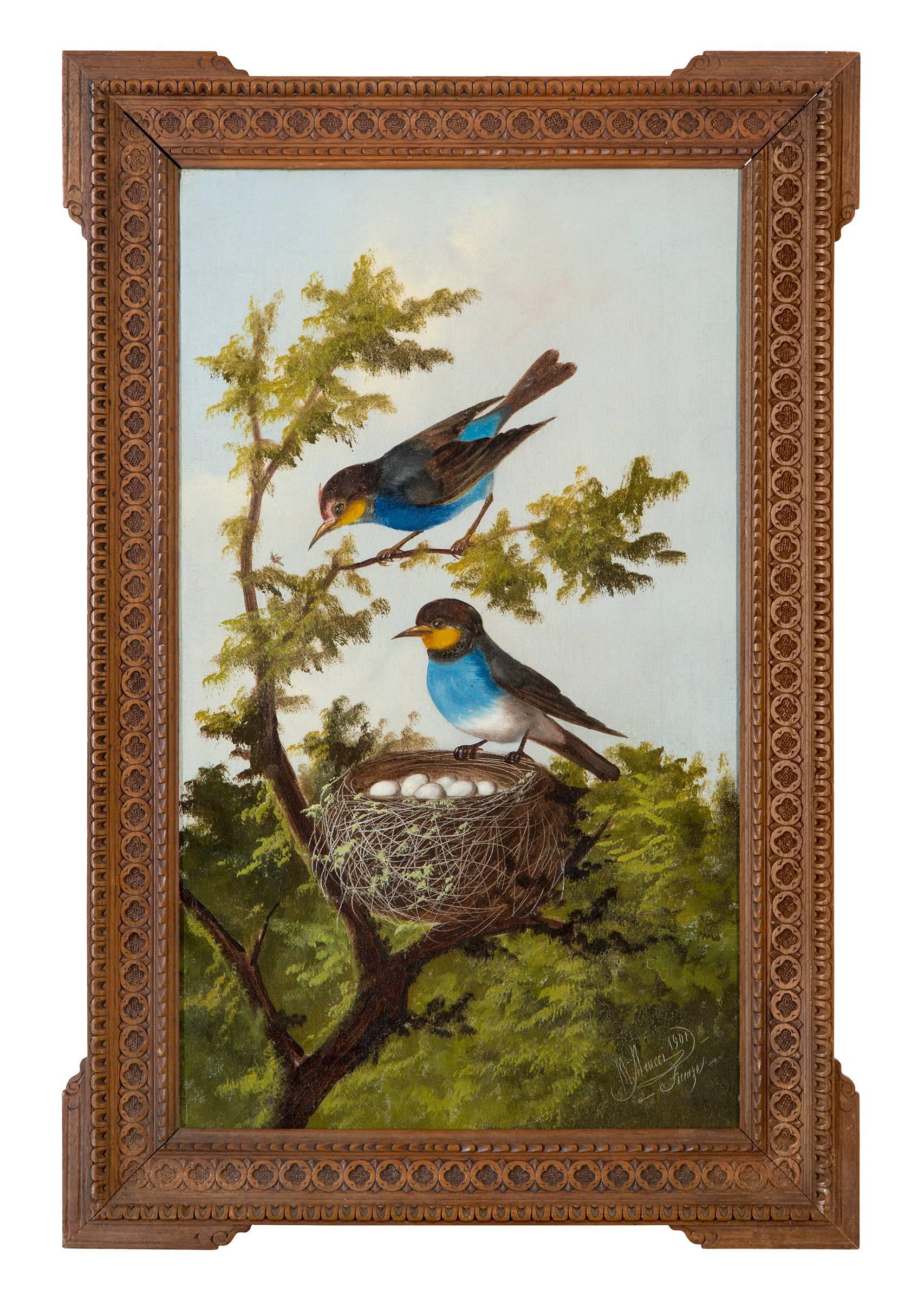 Goldfinch; Robins; und blaue Vögel (Volkskunst), Painting, von Michelangelo Meucci