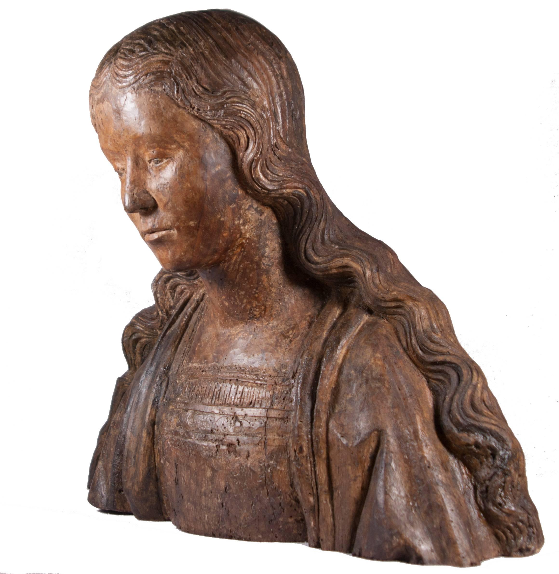 Unknown Figurative Sculpture - Bust of Virgin or Saint, circa 1500-1520, Northern France. 