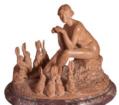 Young woman with rabbits, original terracotta by Jean Magrou (1869-1945)