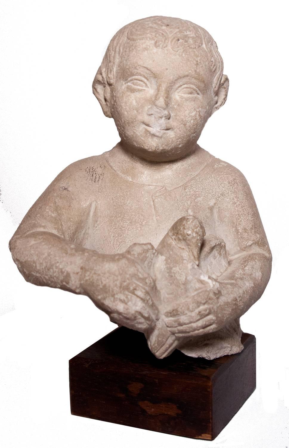 Unknown Figurative Sculpture - XIV th c. medieval bust of the child Christ