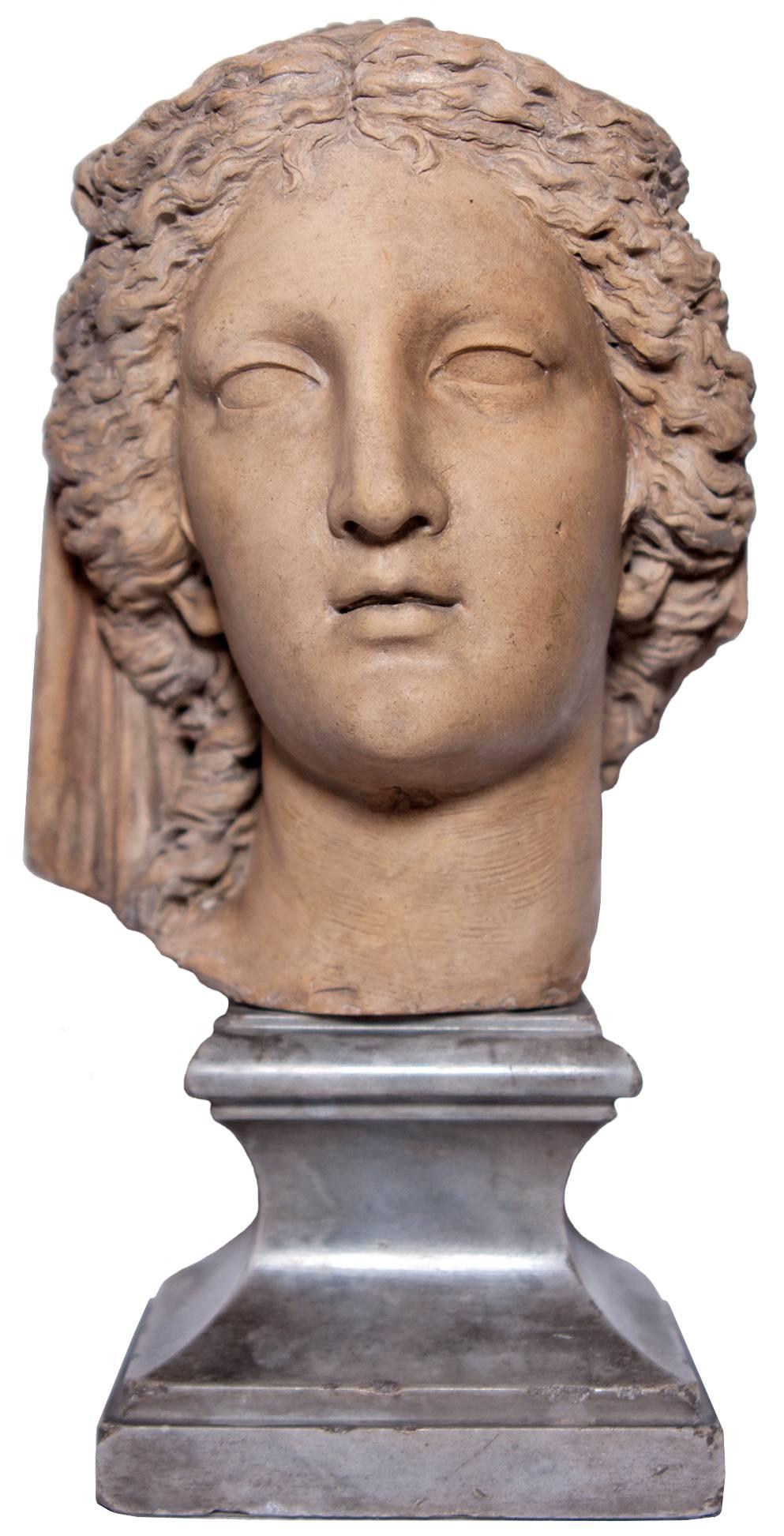 This fine young woman's head in the neoclassical taste is probably a vestal, probably from a bust. It belongs in the artistic movement of the years 1780-1810, as expressed by its hieratic character, deliberately distant from the joyous and gallant