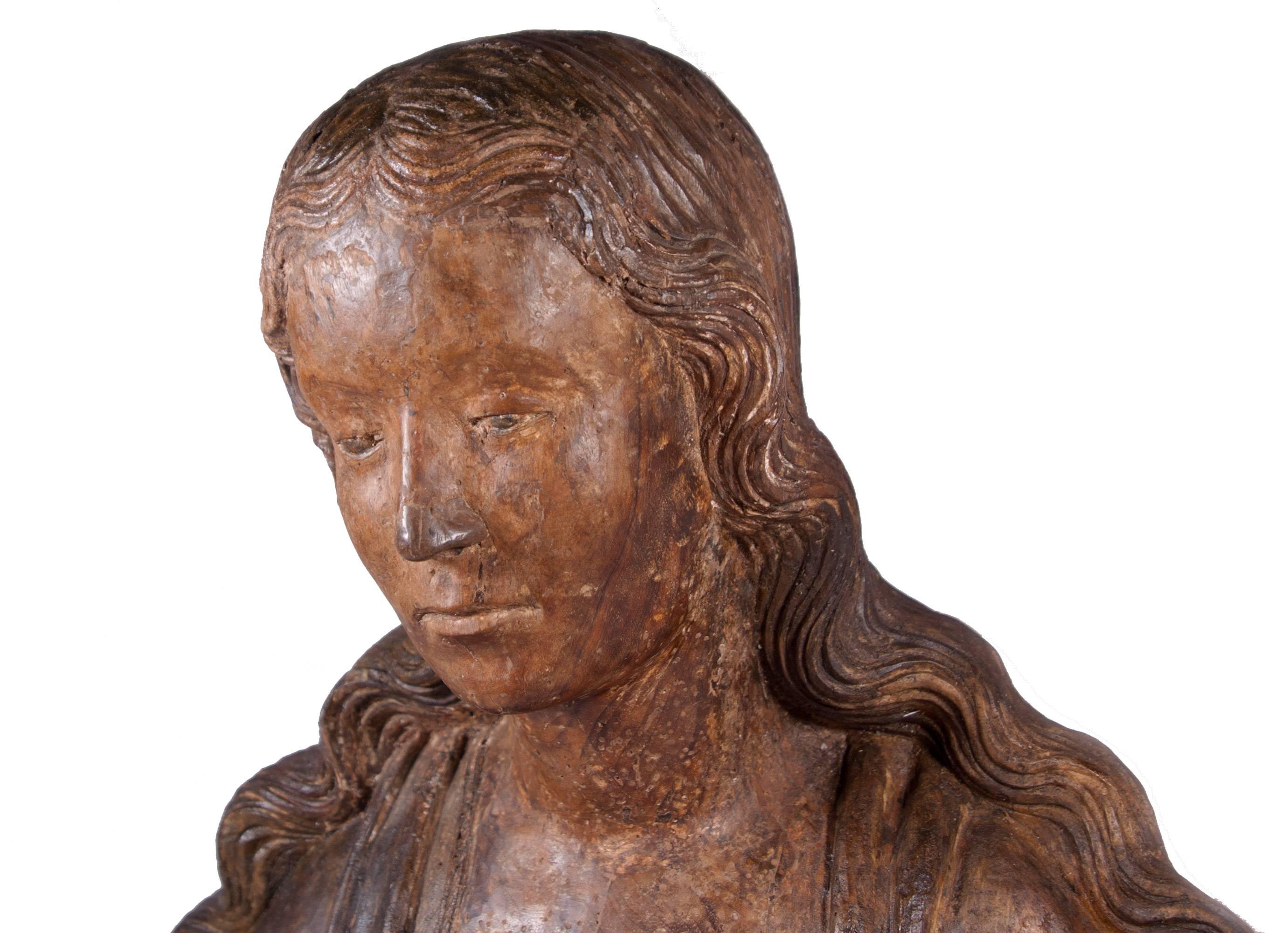 Bust of Virgin or Saint, circa 1500-1520, Northern France.  - Brown Figurative Sculpture by Unknown