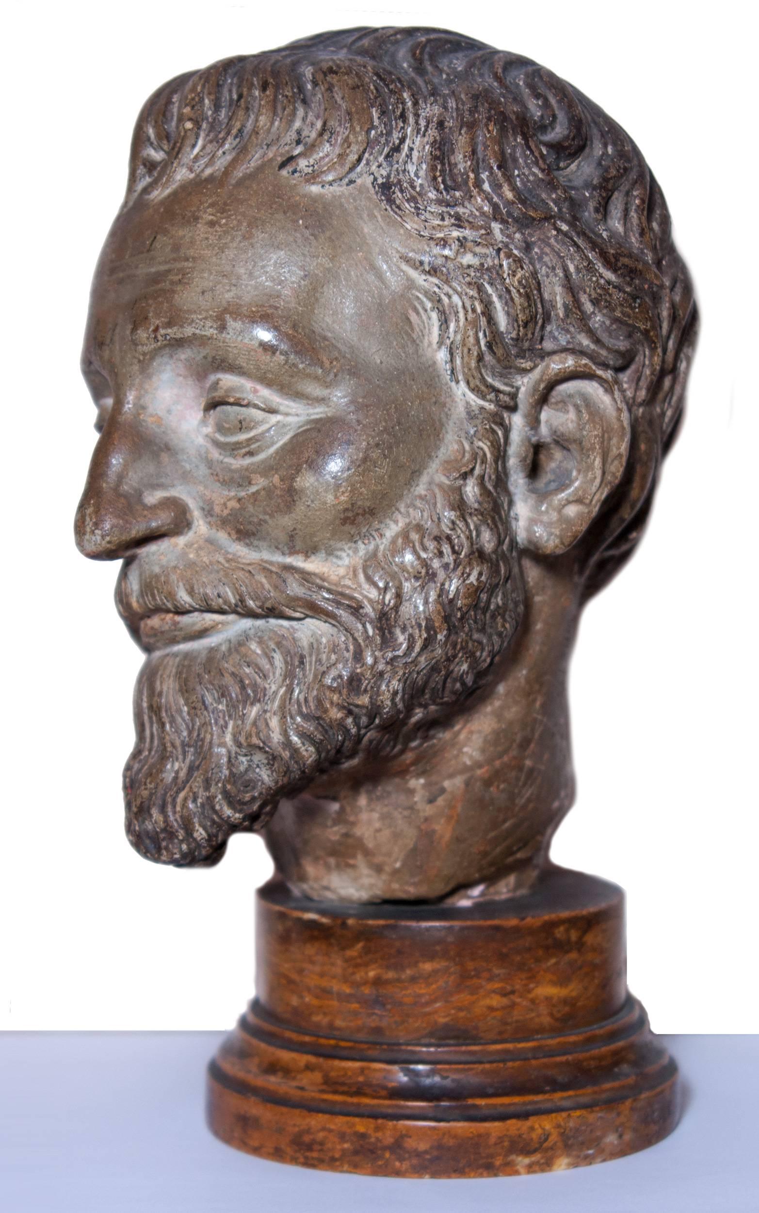 Terracotta head of a bearded man, French school circa 1550-1600 - Gray Figurative Sculpture by Unknown
