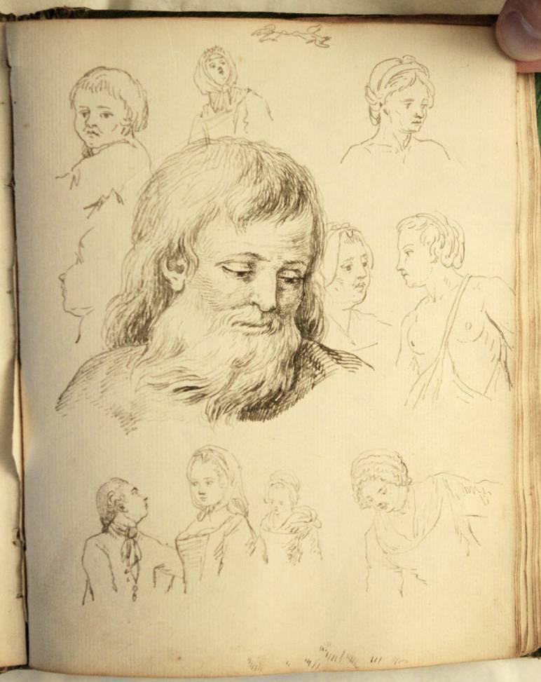 Bellissimo e raro quaderno di schizzi della metà del XVIII secolo contenente trentotto fogli di disegni che esprimono la ricerca di un artista non ancora identificato, alternando dettagli anatomici, piccoli ritratti dal vero e scene varie. Alcuni