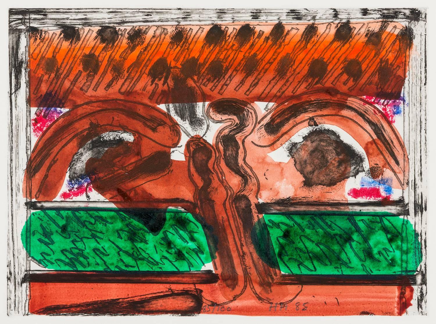 HOWARD HODGKIN
DH in Hollywood, 1979–1985

Soft-ground etching printed in black, with hand colouring in orange-red, 
brown, and green watercolour and red and blue oil pastel , on off-white BFK Rives mould-made paper
Initialled, dated and numbered