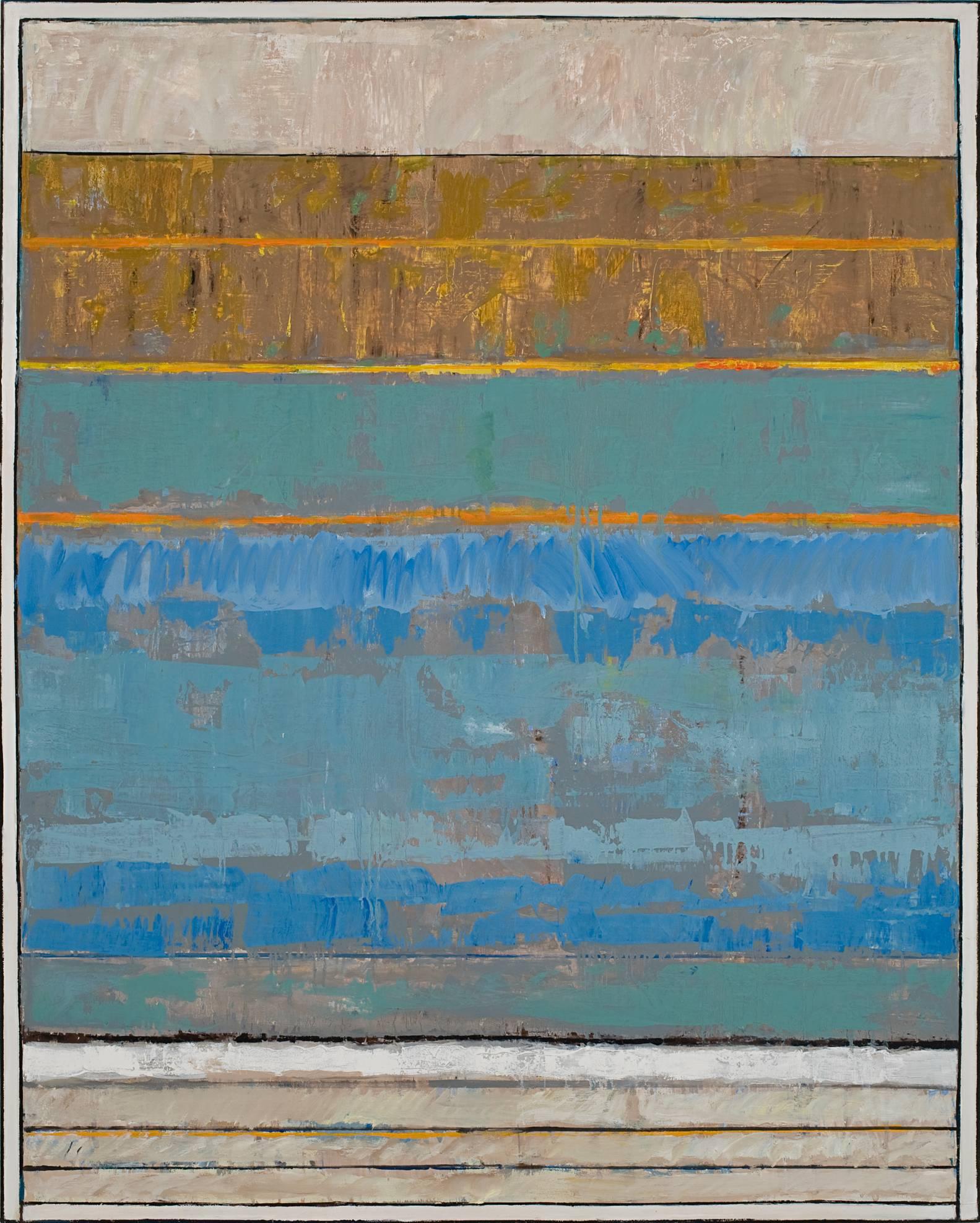 David Sorensen Abstract Painting - Green Blue with Orange Lines, abstract oil painting on canvas