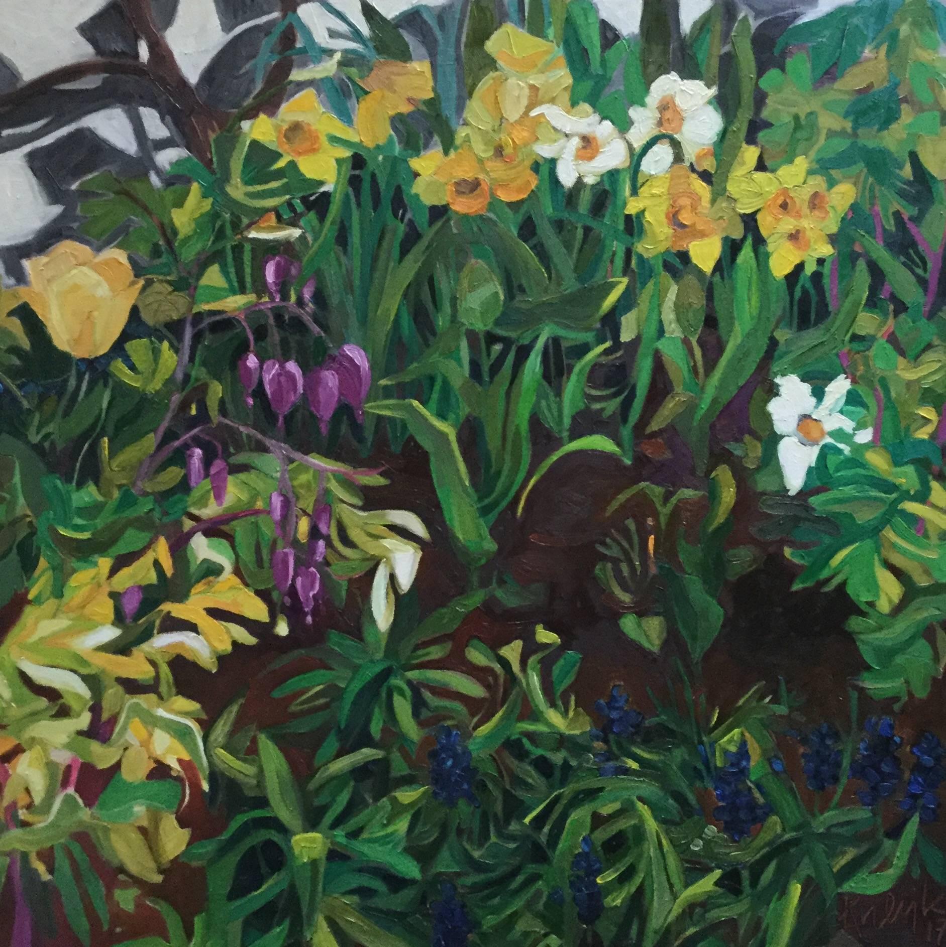 Karen Kulyk Figurative Painting - Spring Garden by the Wall, floral oil painting on canvas