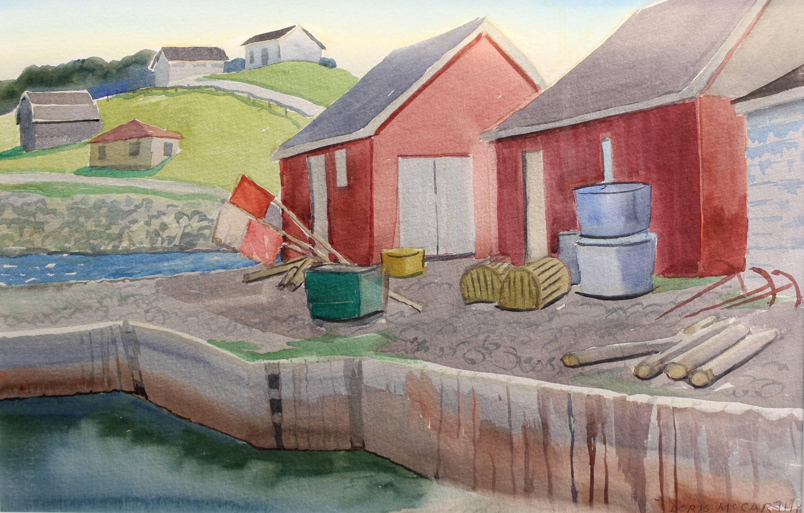 Doris McCarthy Landscape Painting - The Red Sheds at Port Au Choix, landscape watercolour painting 
