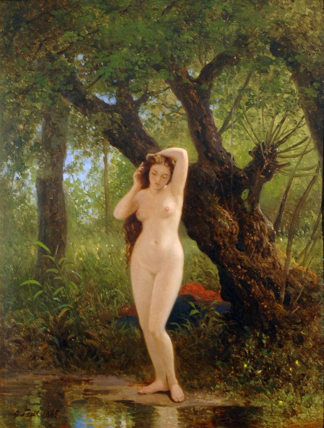 Georg Eduard Otto Saal Figurative Painting - Green Landscape with Dreamlike Nude Figure at waters edge 'Before Bathing' 