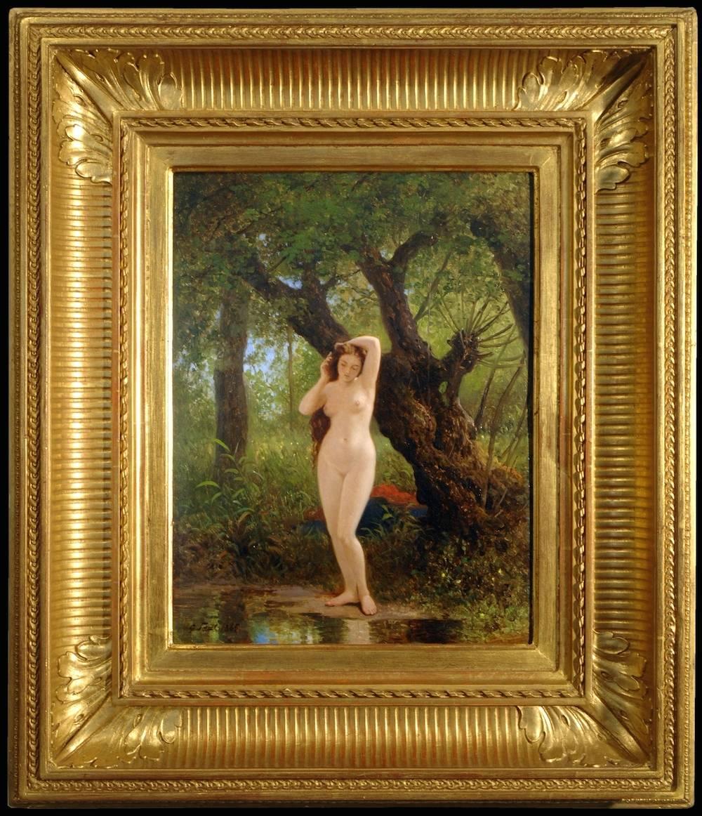 Green Landscape with Dreamlike Nude Figure at waters edge 'Before Bathing'  - Painting by Georg Eduard Otto Saal