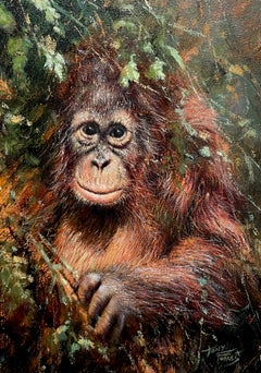 « Espiègleries dans la forêt » – Peinture photoréaliste : orang-outan, tons bruns et verts, singe