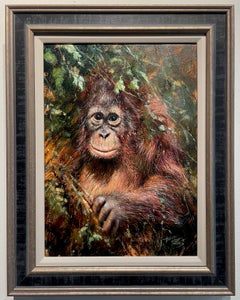 « Espiègleries dans la forêt » – Peinture photoréaliste : orang-outan, tons bruns et verts, singe